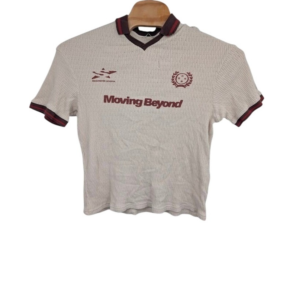 Zara Retro Football Textured Polo Shirt Cream v neck short‎ sleeve sz M